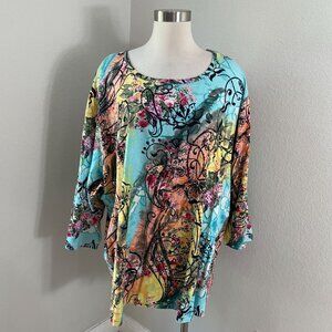 Liz & Me Womens Plus 4X Cotton Floral Multicolor Long Sleeve Tunic Top Shirt